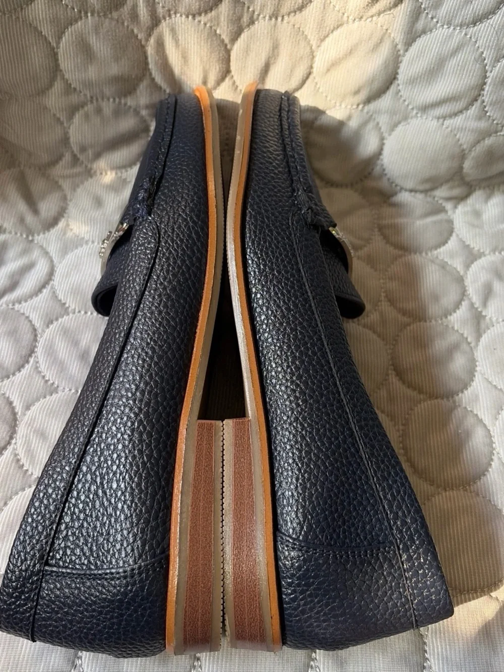 Anne Klein Navy Pebbled Leather Loafers with Gold Accent